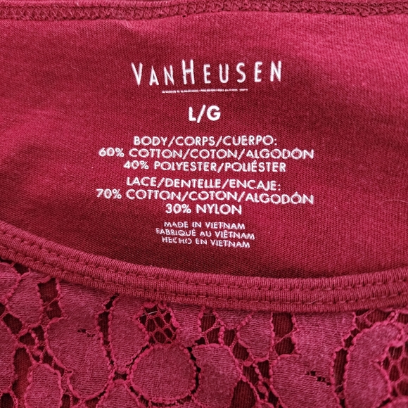 ✨2 for $5✨ Van Heusen Maroon Lace Overlay Top Size Large - Picture 6 of 6